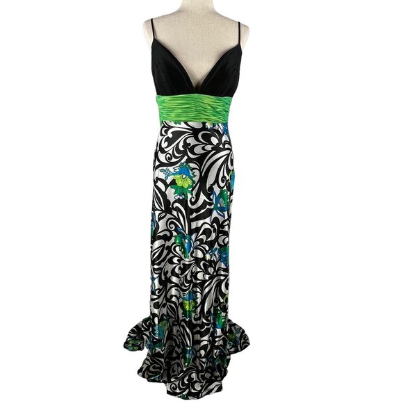 Stunning! Vintage JOVANI Black, Green, Blue Print Evening Gown Size 8 - Picture 1 of 15
